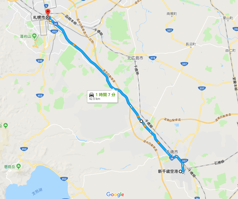 Googleマップ 札幌と新千歳空港間の道のり