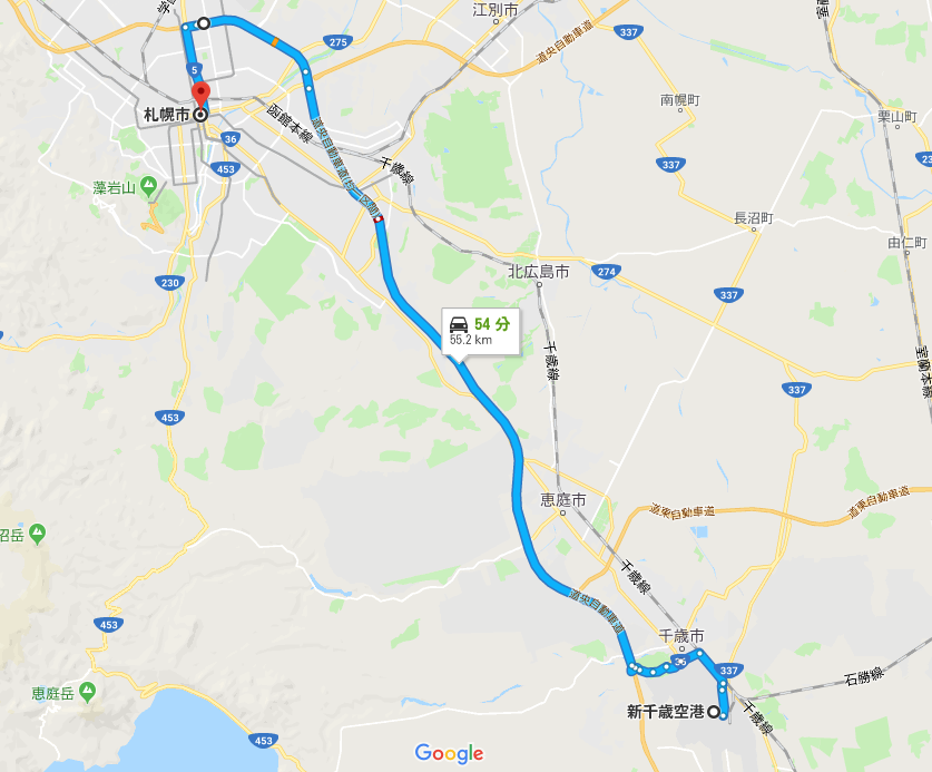 Googleマップ 札幌と新千歳空港間の道のり