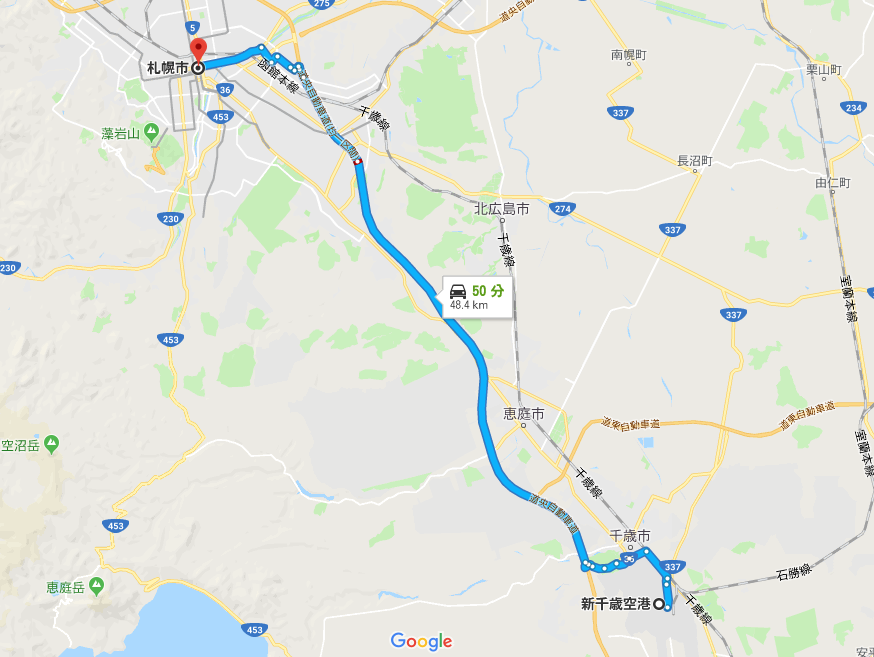 Googleマップ 札幌と新千歳空港間の道のり