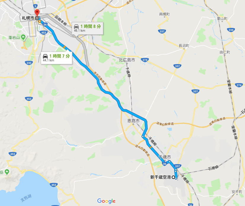 Googleマップ 札幌と新千歳空港間の道のり