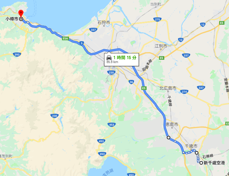 新千歳空港から小樽までの有料道路ルート