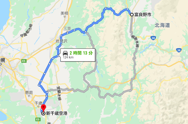 新千歳空港から富良野までの距離