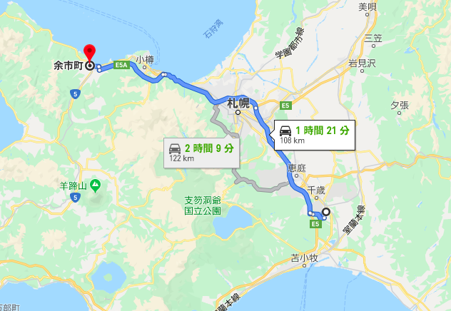 新千歳空港から余市までの有料道路ルート