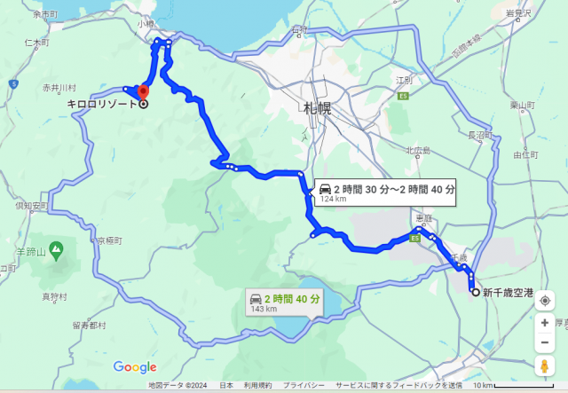 新千歳空港 キロロ 距離