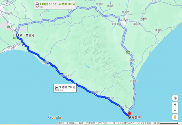 新千歳空港 襟裳岬 距離