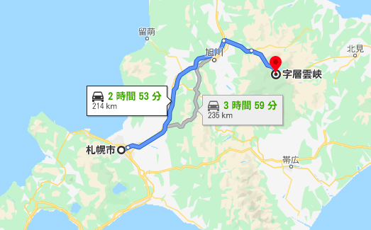 札幌から層雲峡までの高速道路ルート