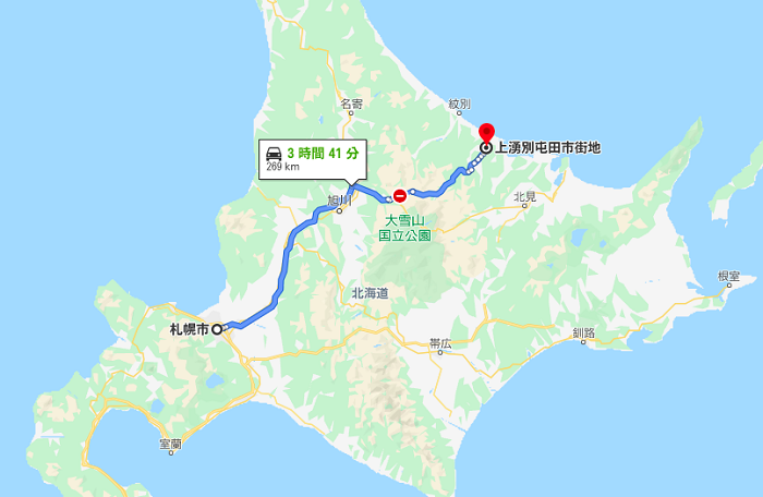 札幌から上湧別までの有料道路ルート