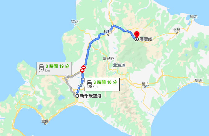 新千歳空港から層雲峡までの有料道路ルート