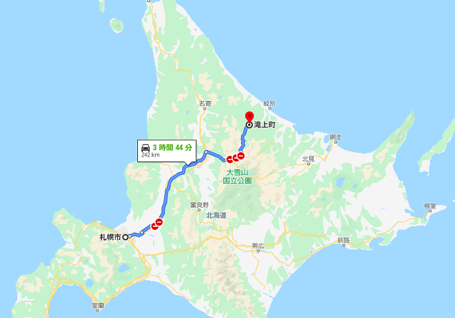 札幌から滝上町までの有料道路ルート