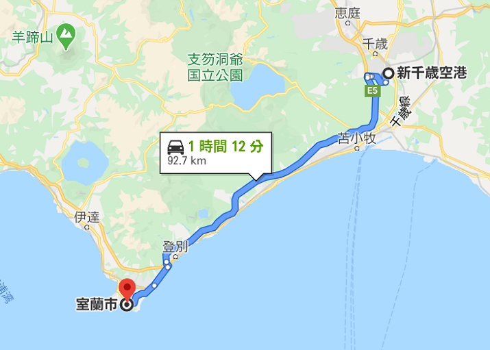 新千歳空港から室蘭までの有料道路ルート