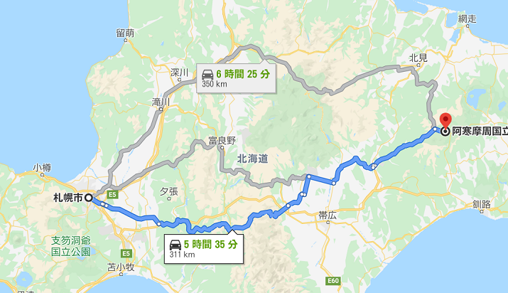 札幌から阿寒湖までの一般道ルート
