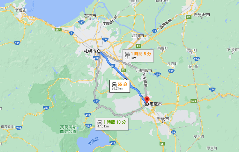 札幌から恵庭までの距離とルート